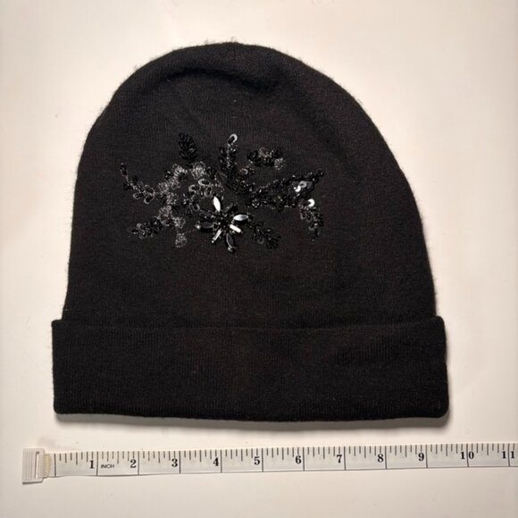 Club Monaco Black Cashmere Hat with Sequin Embellishments, OS - Picture 2 of 3